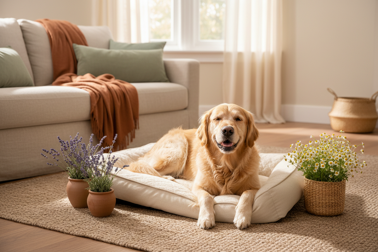 A calm dog resting peacefully, representing natural anxiety relief for pets