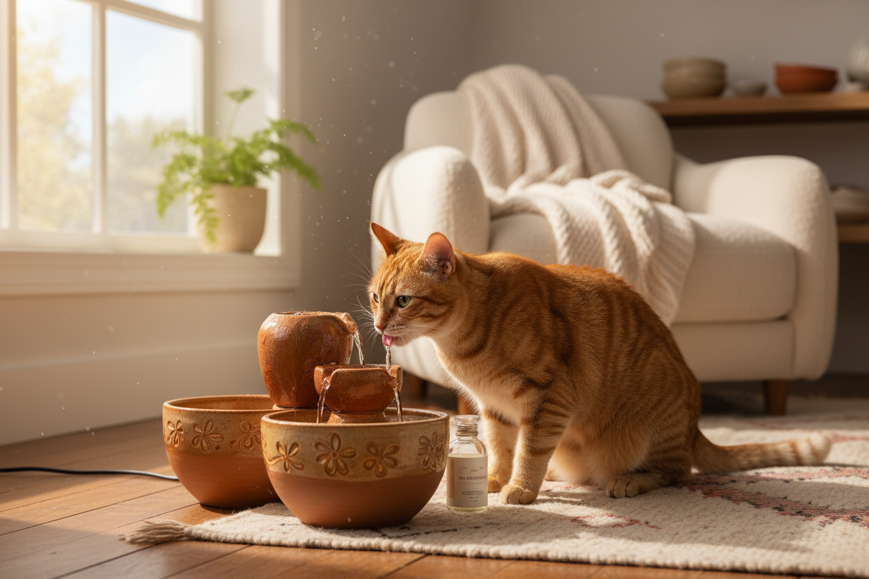 A cat drinking from a flowing pet water fountain to stay hydrated