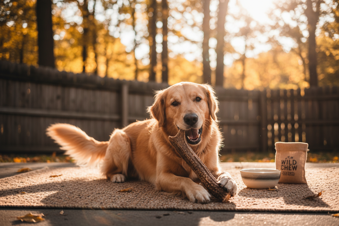 Happy dog chewing on a natural elk antler outdoors, showcasing the benefits of elk antler chews for dogs