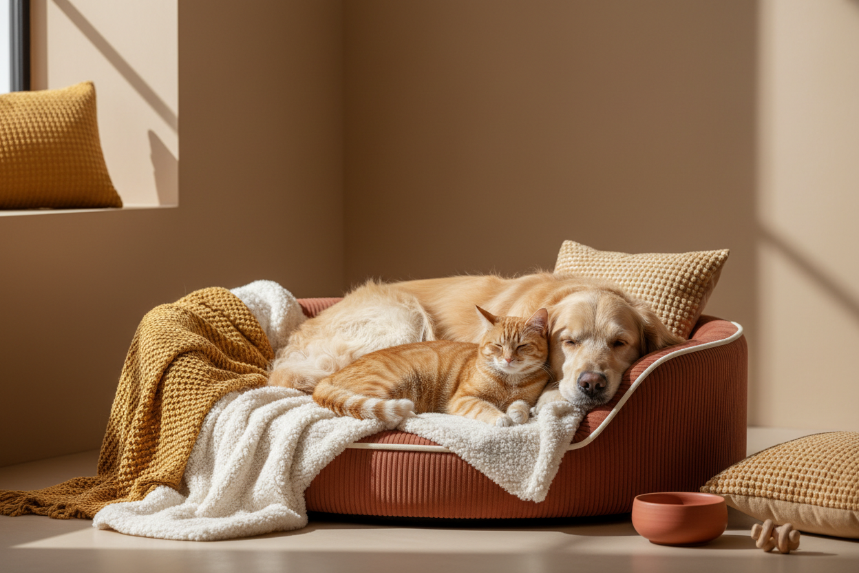 golden retriever & tabby resting on a cozy bed with soft blankets, cream/terracotta tones