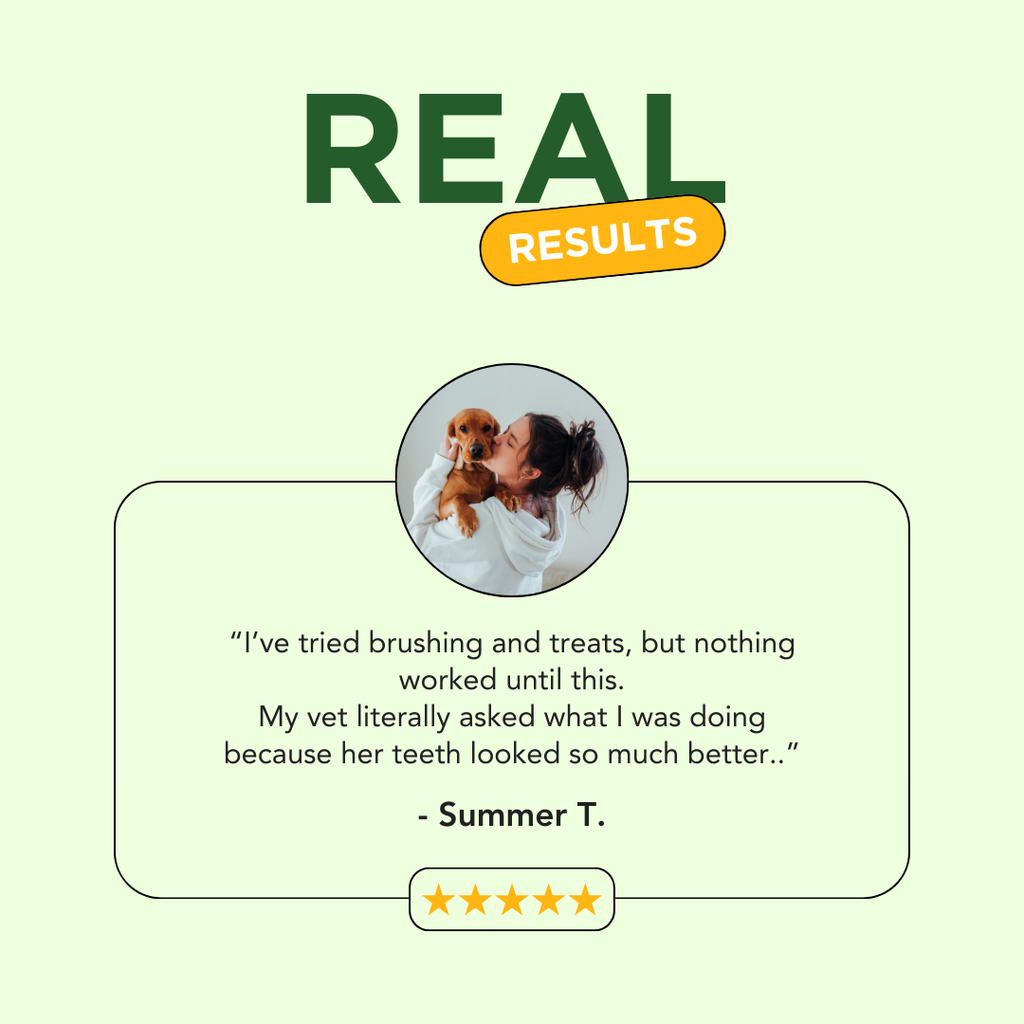 Dog oral care review card with customer photo and results badge.