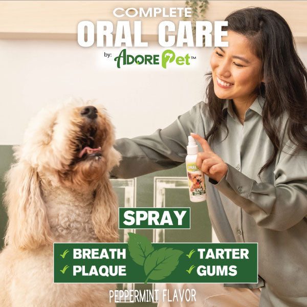 Dog and person holding Complete Oral Care spray bottle for breath and tartar.