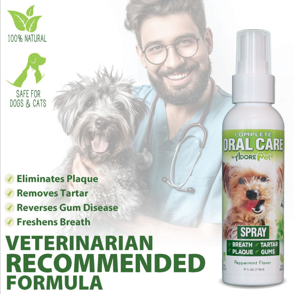 Complete Oral Care by IDORE Pet spray bottle with white pump top.