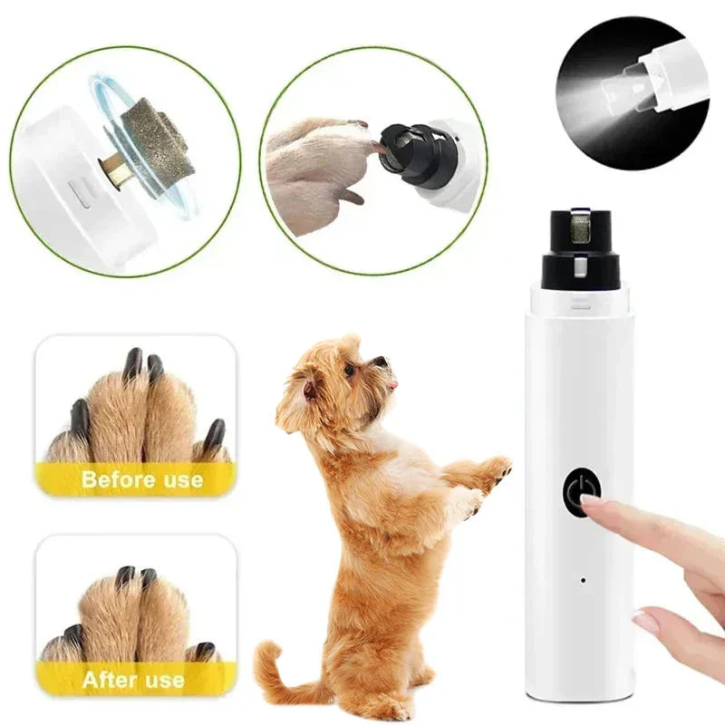 White electric pet nail grinder with grinding head and lighted switch, held by hand