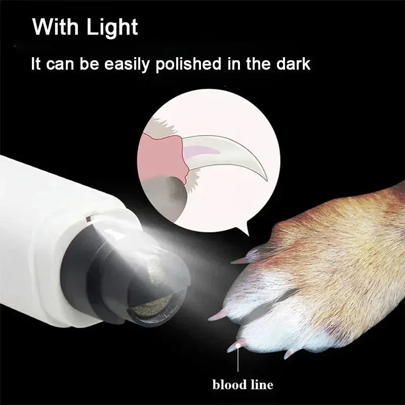 White electric pet nail grinder with built-in light for polishing near the paw
