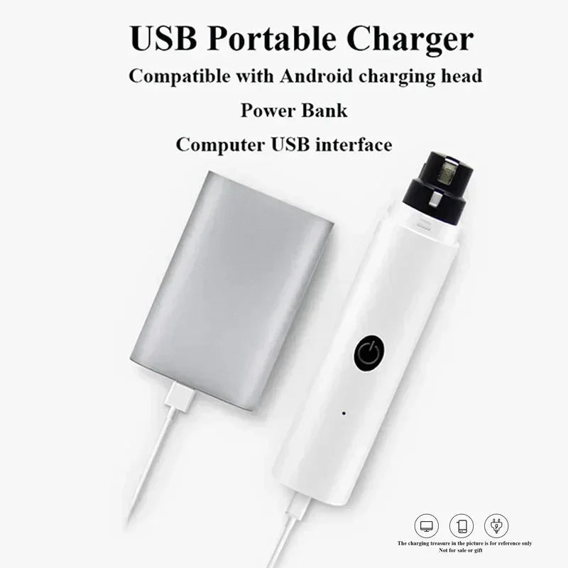 White electric pet nail grinder with USB portable charger and charging cable