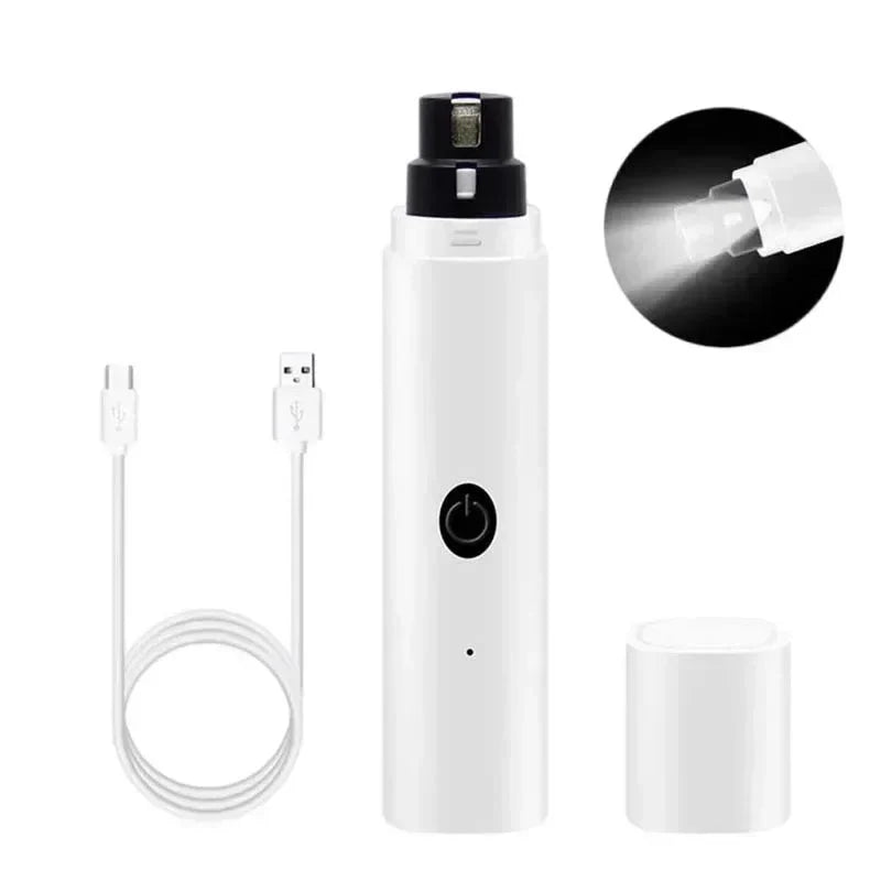 White electric pet nail grinder kit with USB cable, charging head, and storage cap