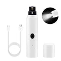 White electric pet nail grinder with USB cable, charging head, and included parts