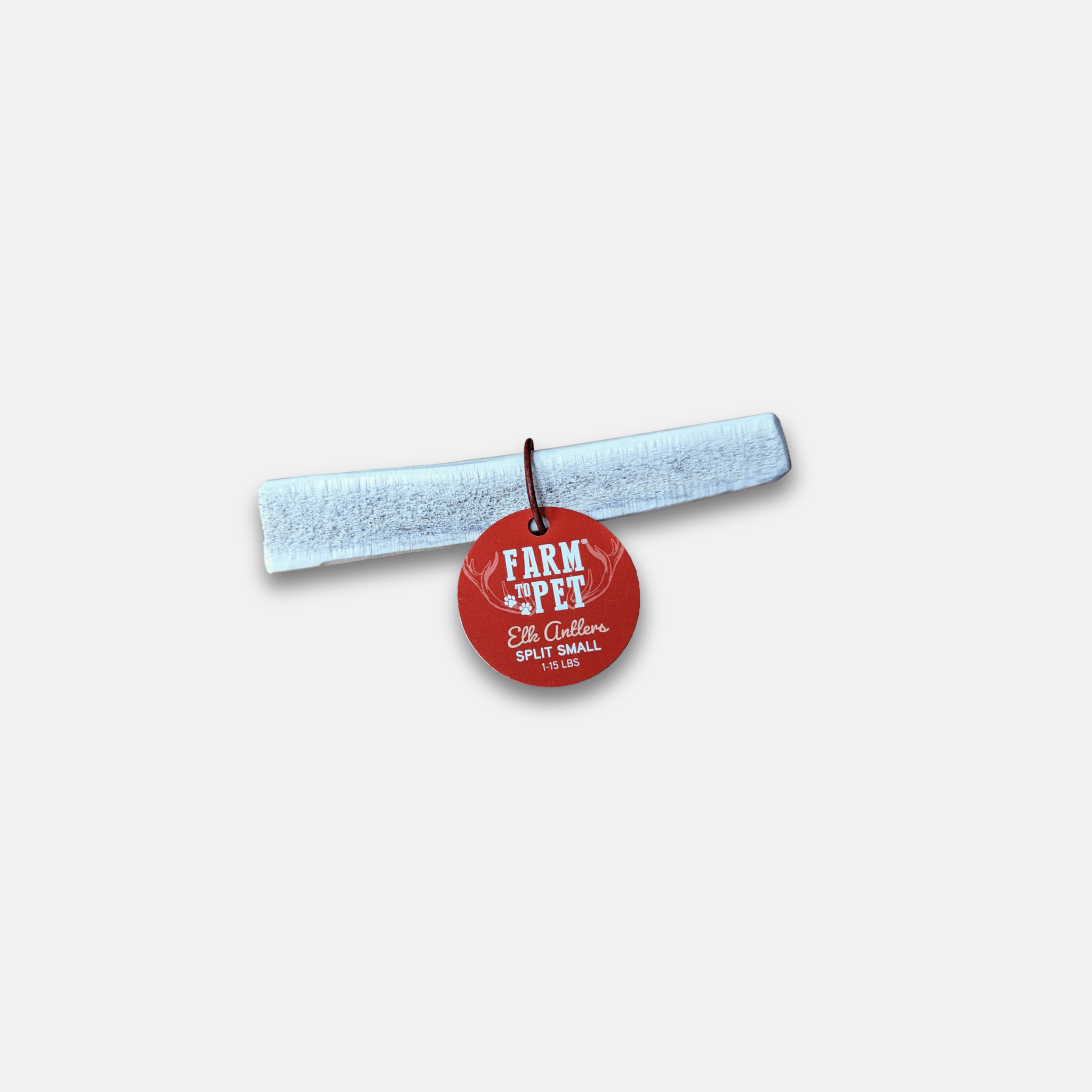 Elk antler dog chew, whole antler rod with red hanging tag; pale gray-beige.