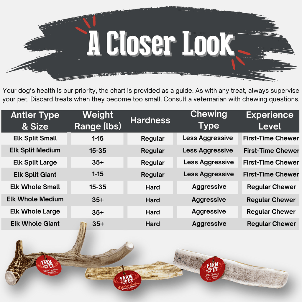 Elk antler dog chew pieces with red Farm to Pet tags, natural antler color