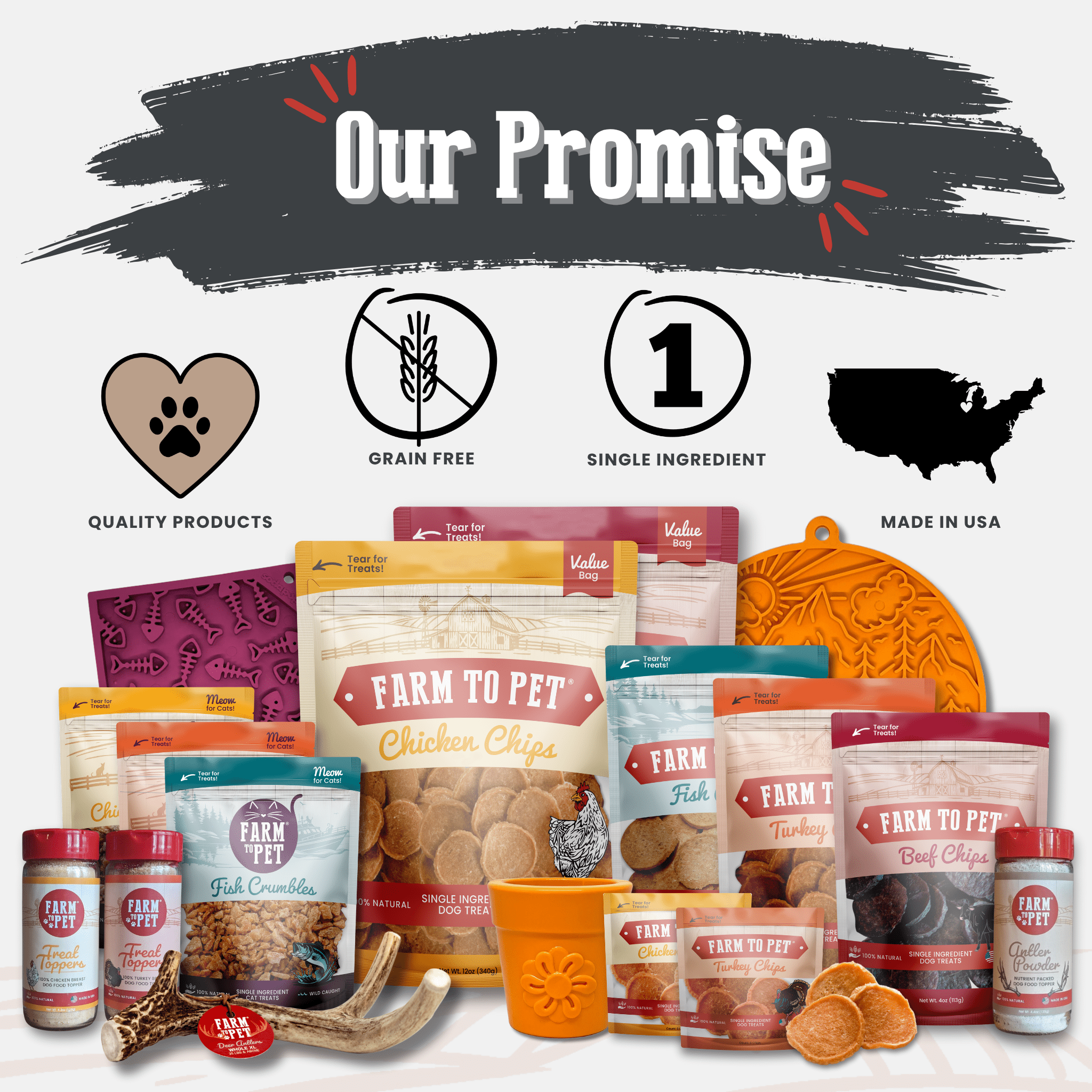 Elk antler dog chews and treats assortment on display, Farm to Pet packaging