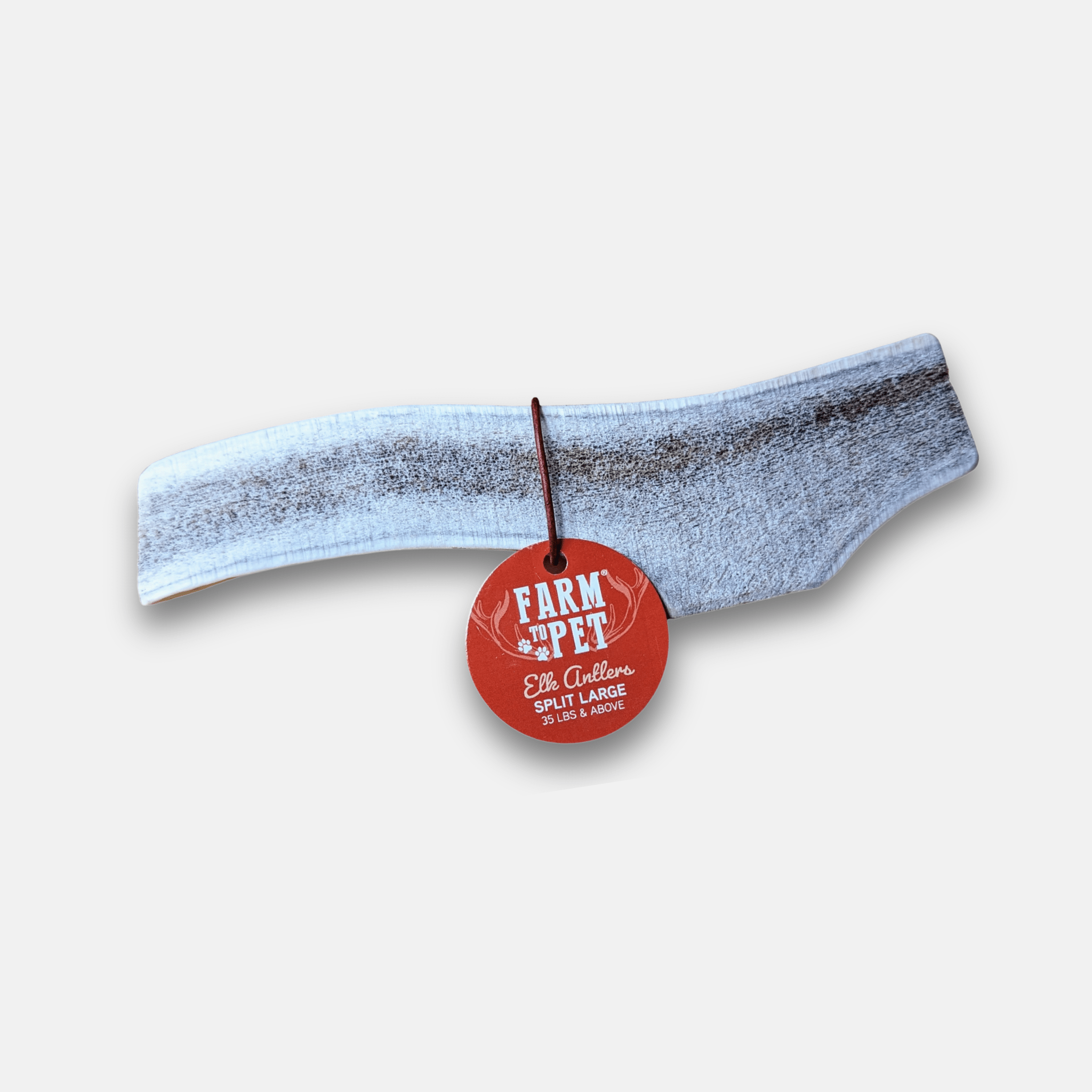 Split elk antler dog chew, light gray with natural texture, red brand tag attached
