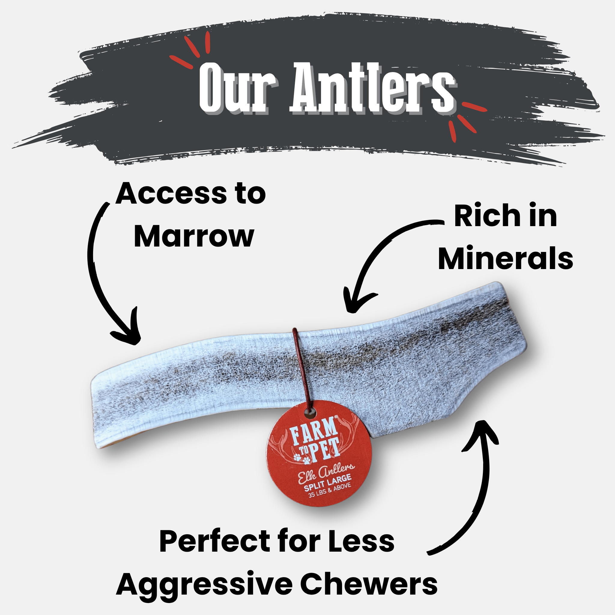 Split elk antler dog chew with red brand tag, shown on a light background