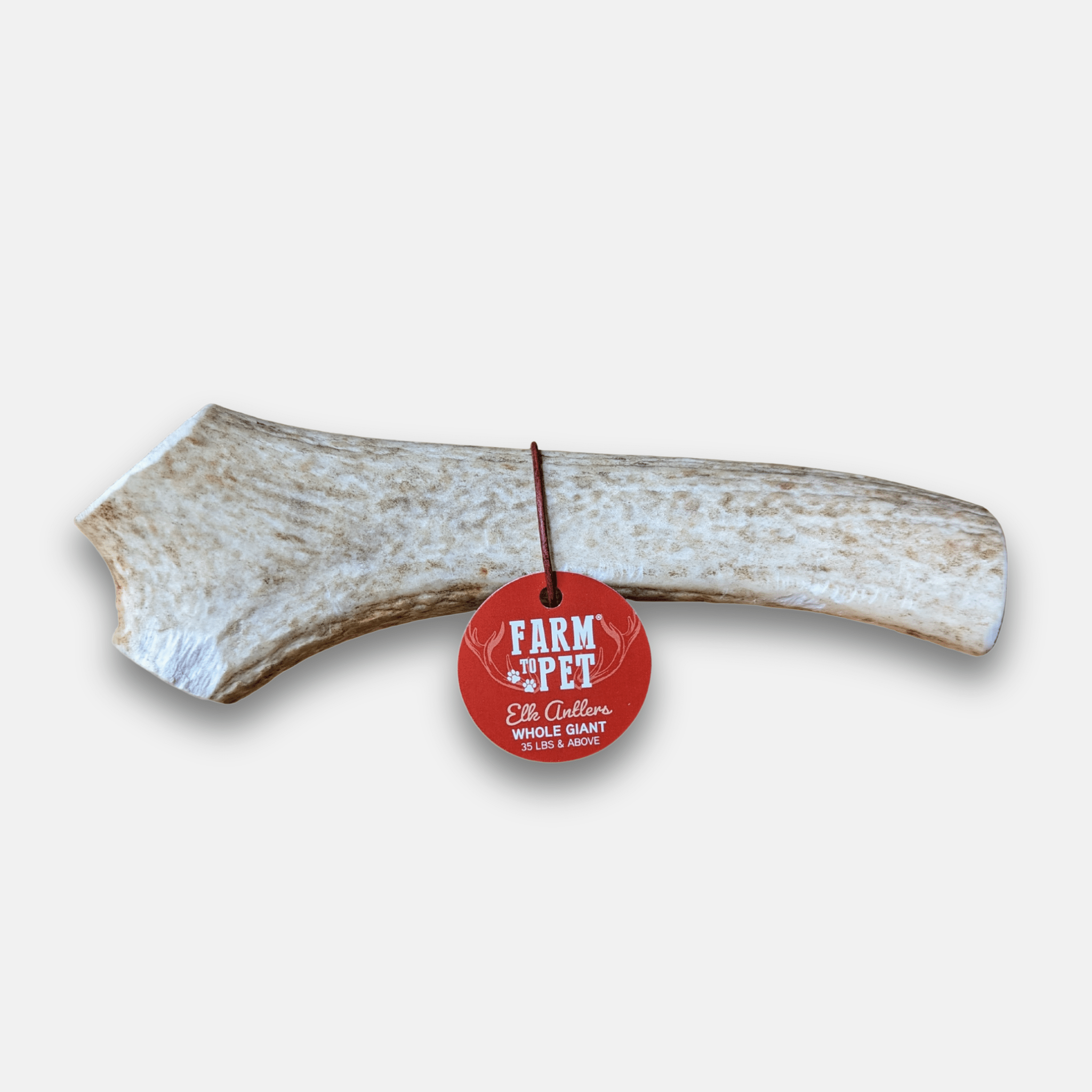 Elk antler chew, whole single piece with red Farm Pet label
