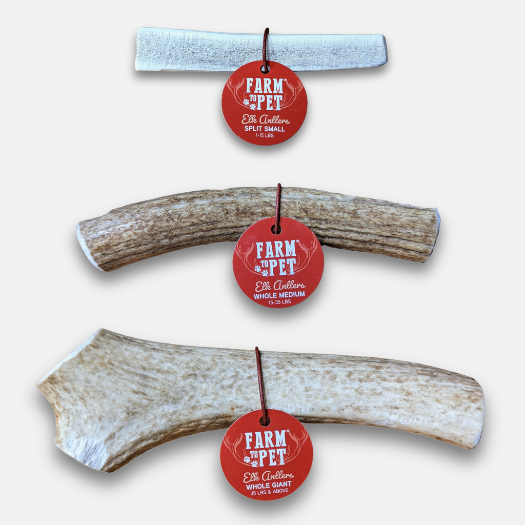 Elk antler chew set with split pieces and red Farm Pet labels