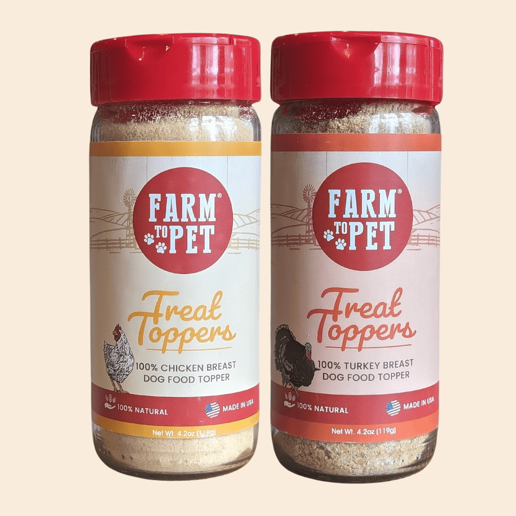 Dog food treat topper bundle: two Farm to Pet jars with red caps.