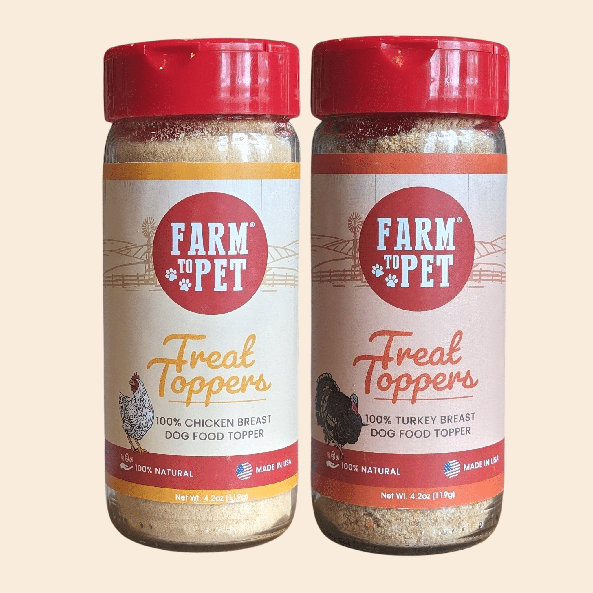 Dog food treat topper bundle: two Farm to Pet jars with red caps.