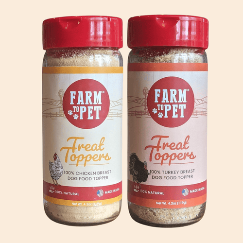 Dog food treat topper bundle: two Farm to Pet jars with red caps.