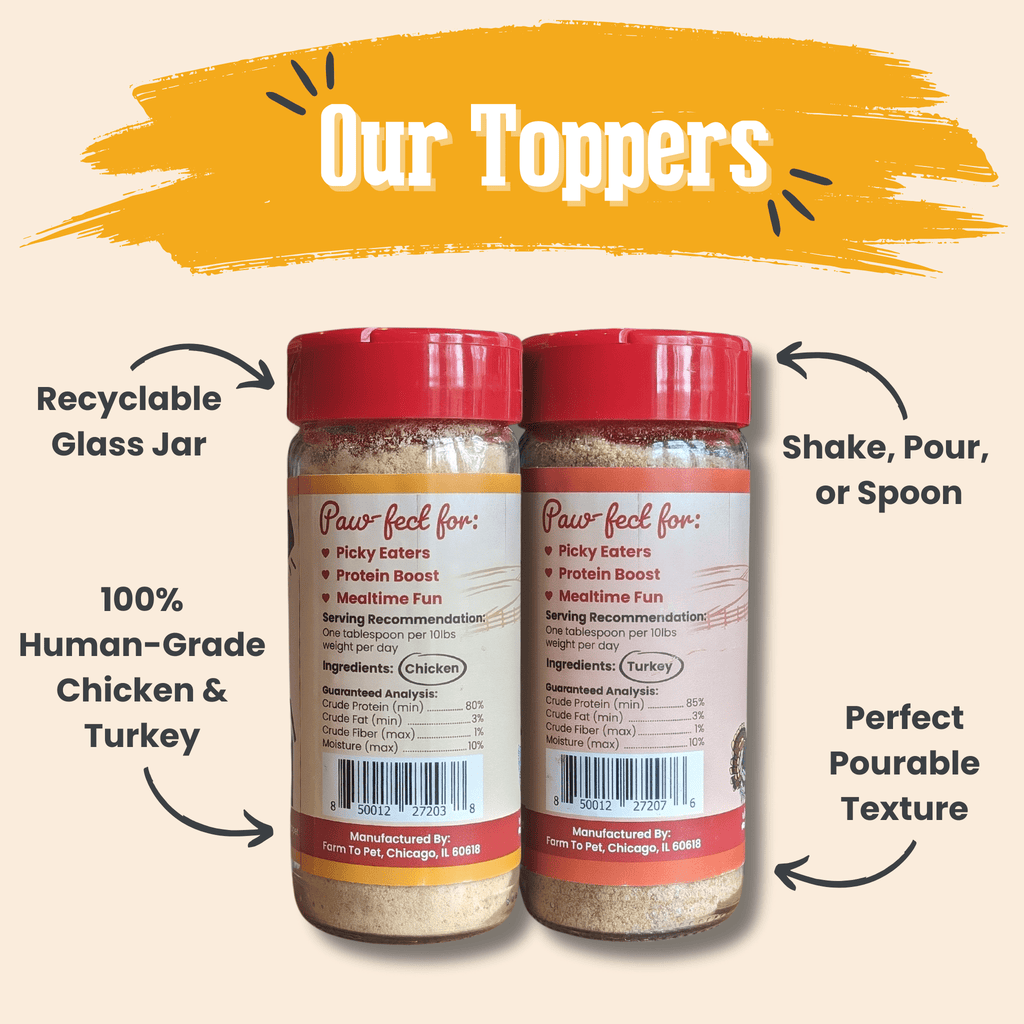 Dog food treat topper bundle: two jars showing back-label ingredient info.