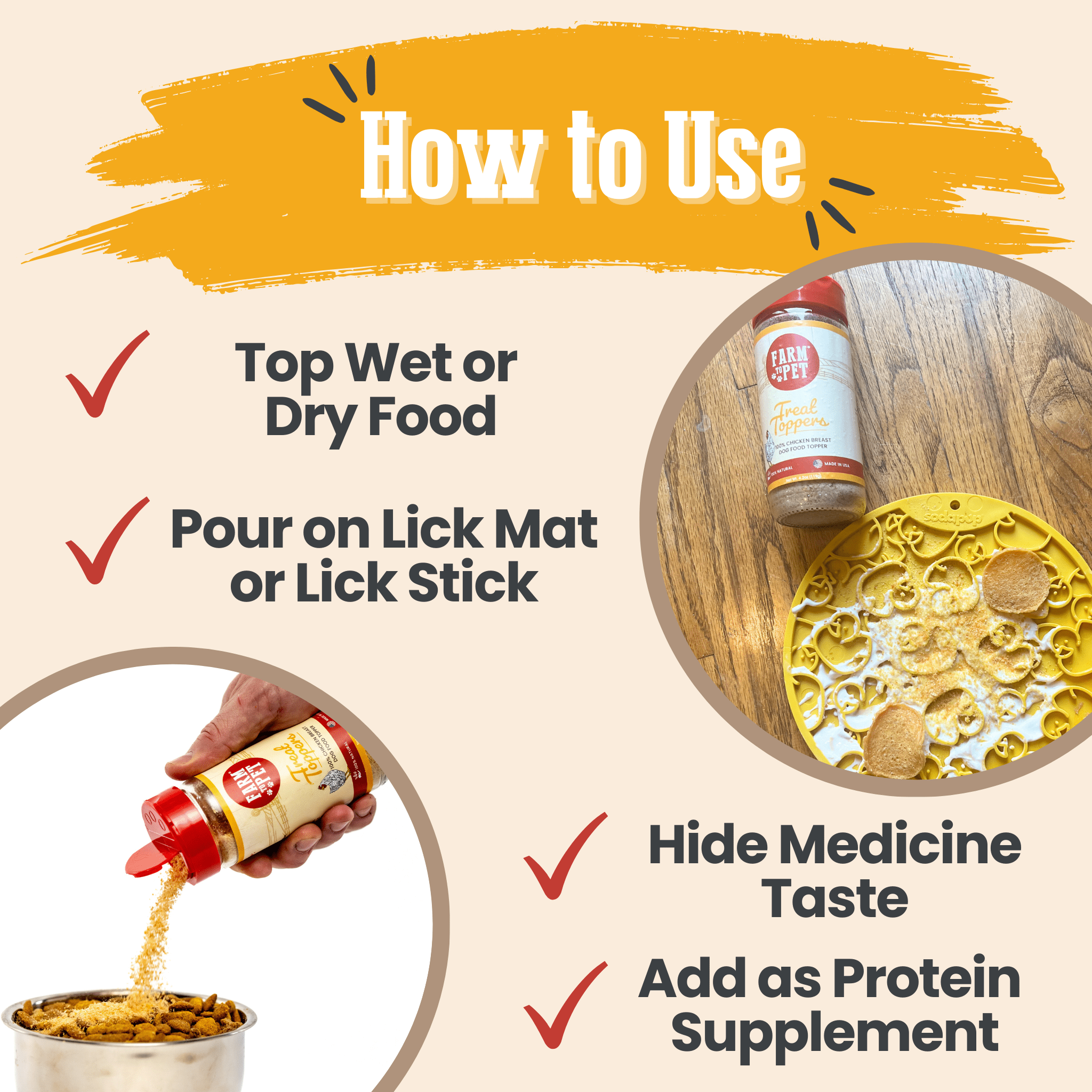 Dog food topper jars with how-to-use instructions graphic for licking and topping.
