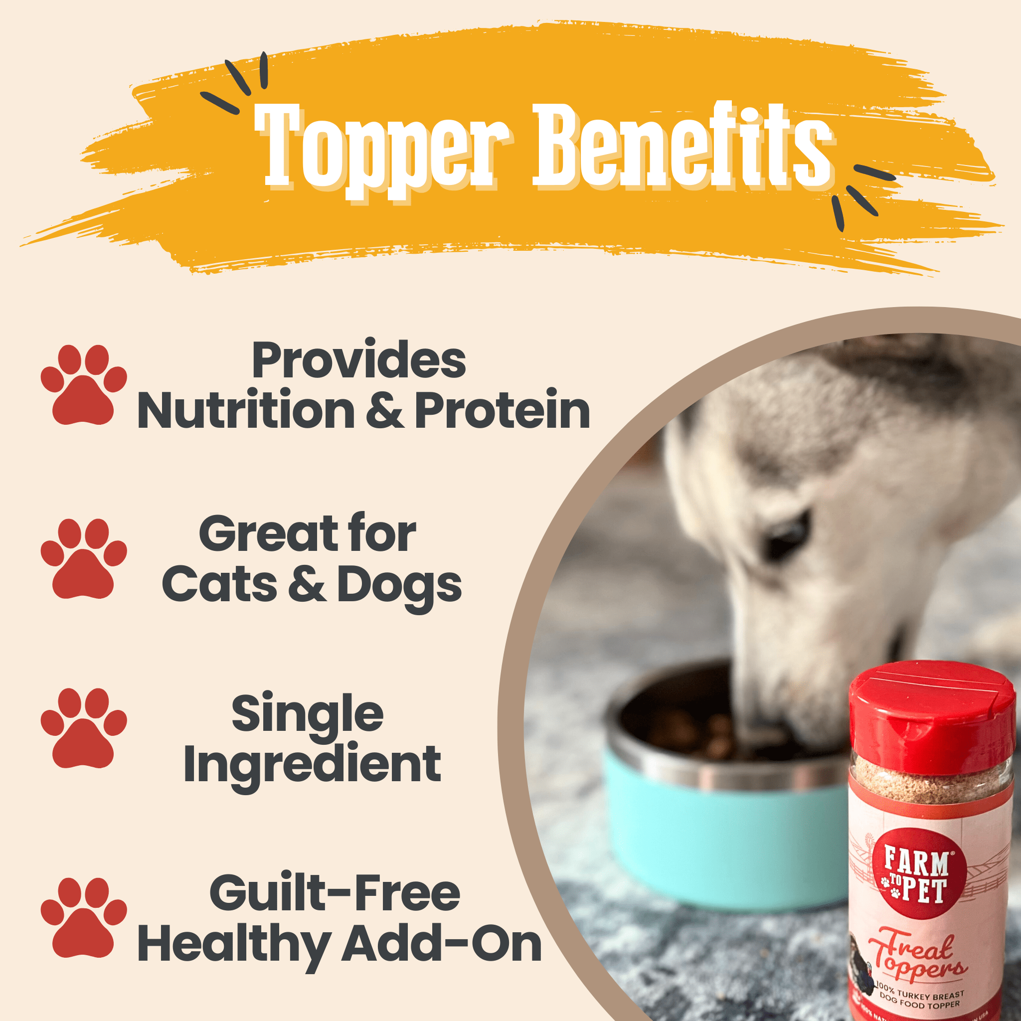 Dog food topper bundle benefits graphic with red-capped jar for nutrition and protein.