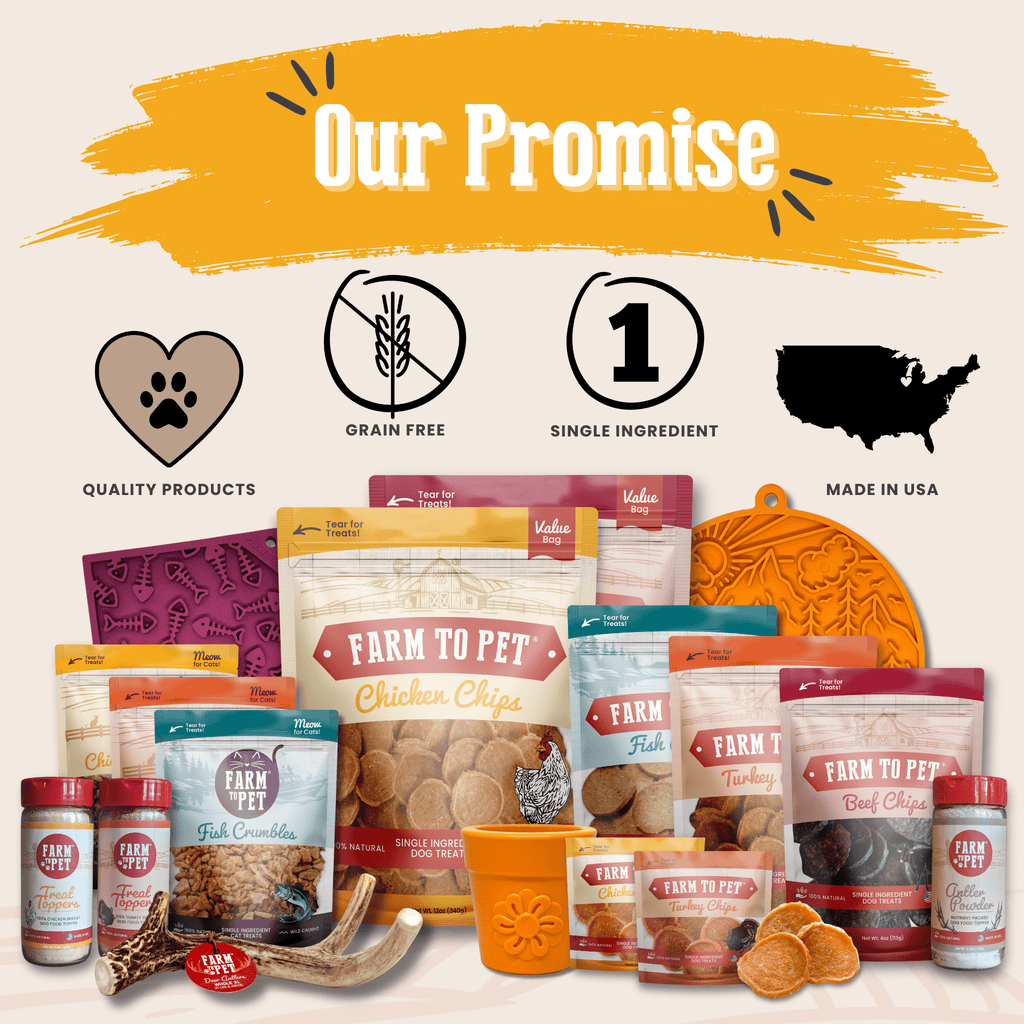 Dog food topper assortment promise graphic with Farm to Pet jars and treat bags.
