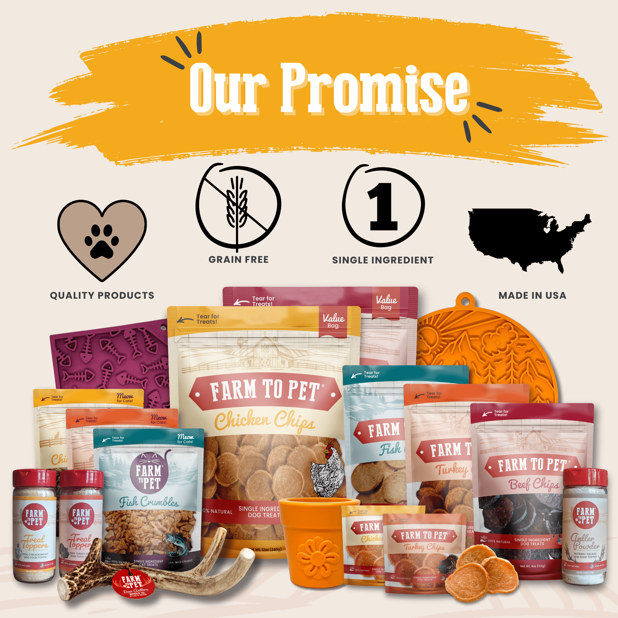 Dog food topper assortment promise graphic with Farm to Pet jars and treat bags.