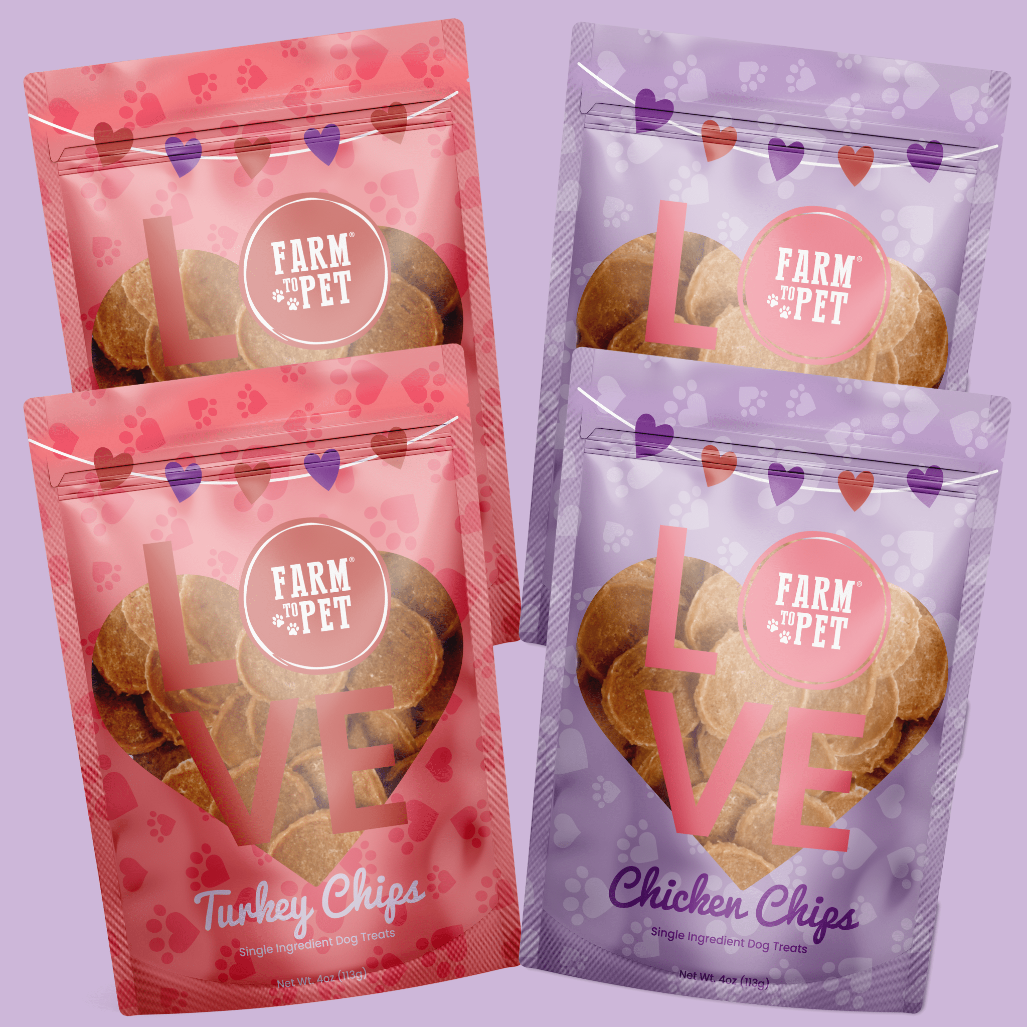 Puppy treat duo: red turkey chips and purple chicken chips bags, Farm to Pet