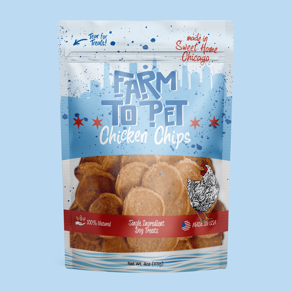 Chicken-flavored dog treat bag with tan and brown round biscuit chips