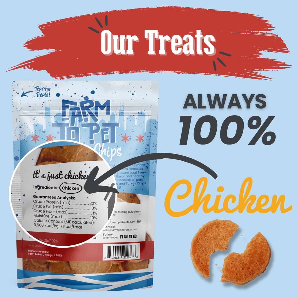 Chicken-flavored dog treat bag and orange round chip treats on a promo graphic