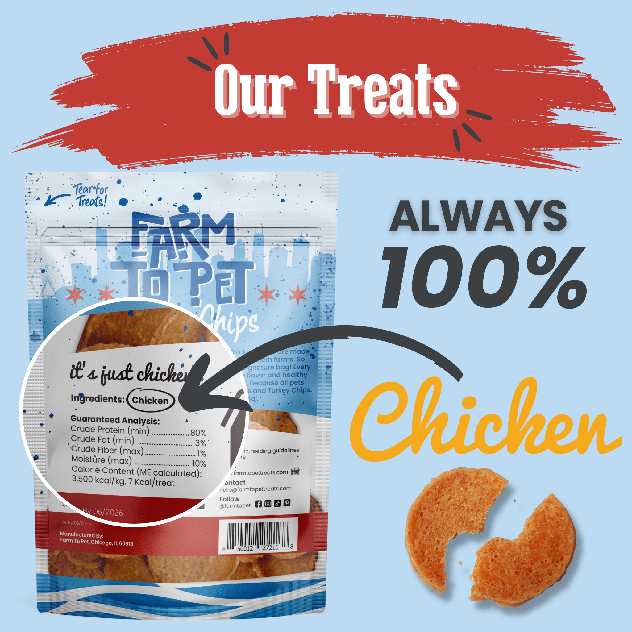 Chicken-flavored dog treat bag and orange round chip treats on a promo graphic