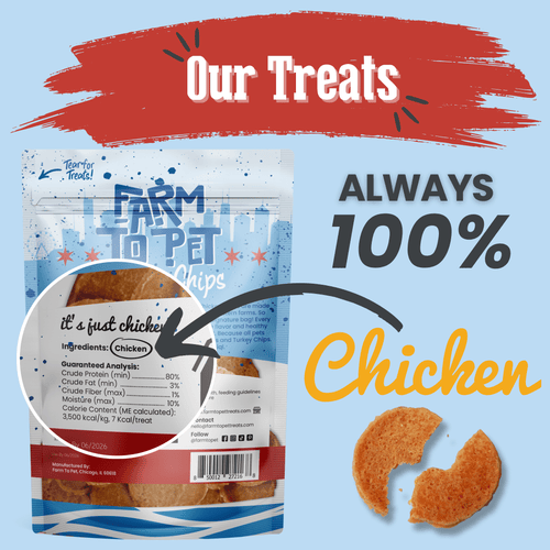 Chicken-flavored dog treat bag and orange round chip treats on a promo graphic