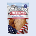 Farm to Pet chicken chips dog treat bag with round chicken pieces, single ingredient.