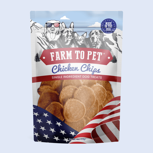 Farm to Pet chicken chips dog treat bag with round chicken pieces, single ingredient.