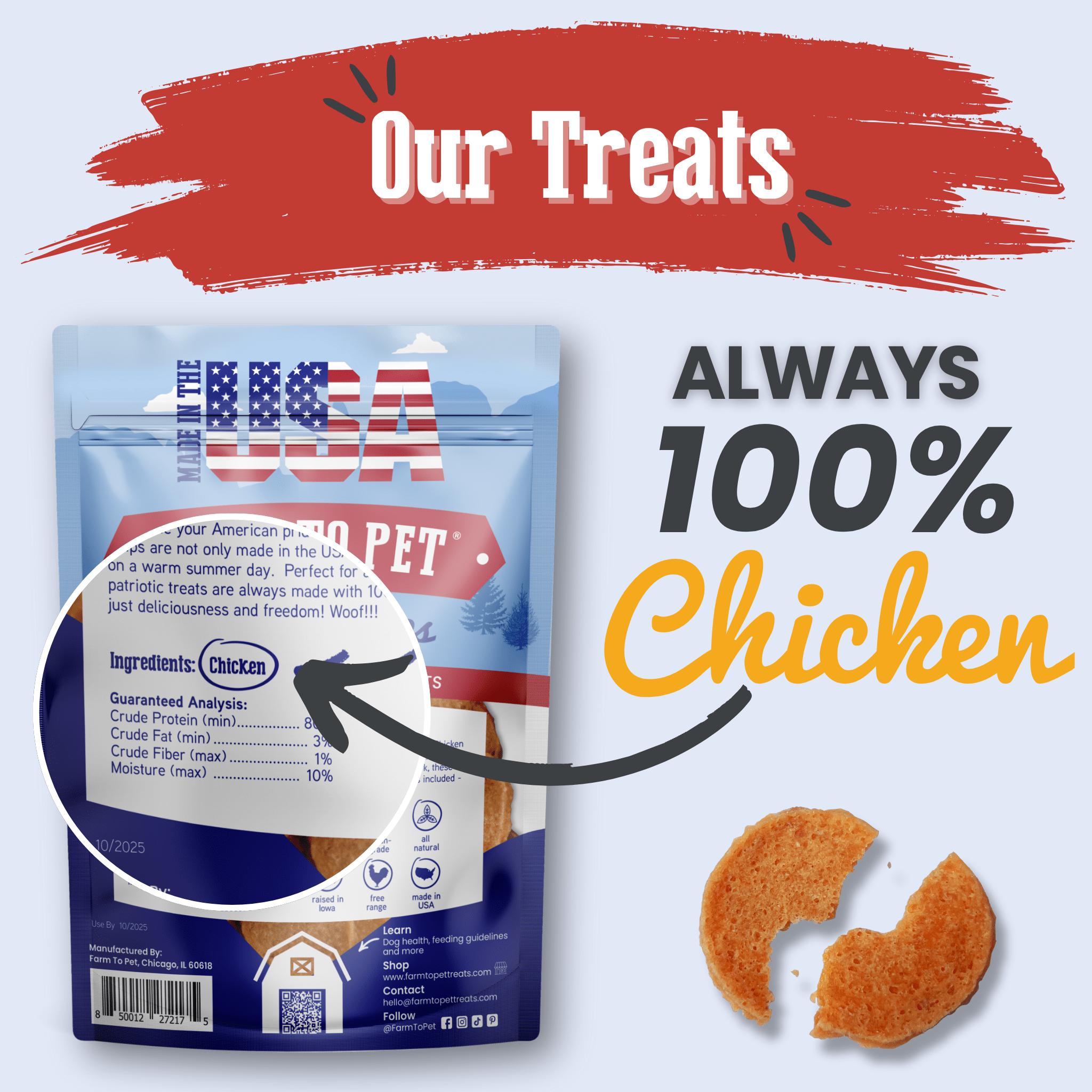 Dog treat bag with orange chicken chip slices shown beside it.