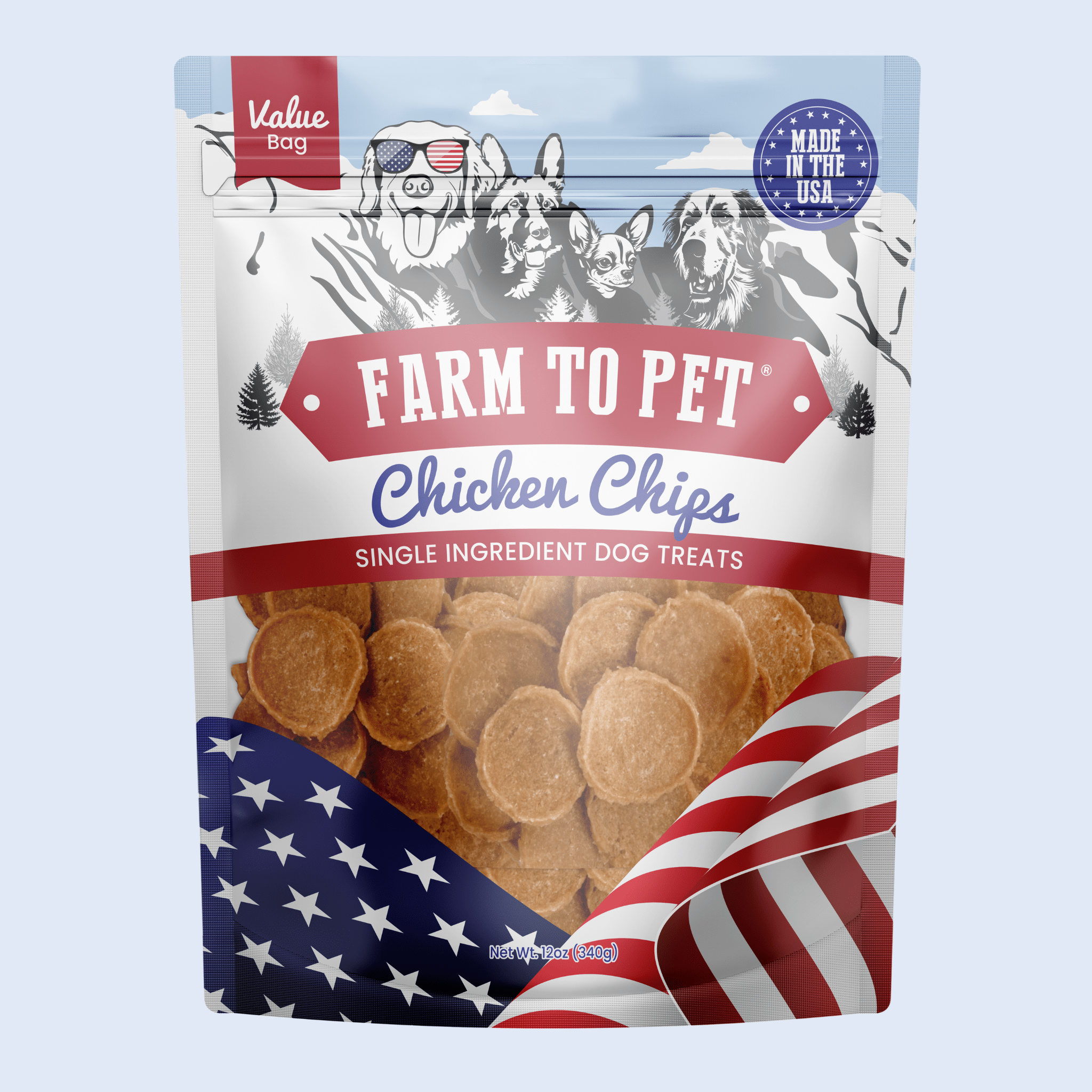 Farm to Pet chicken chips single ingredient dog treat bag, value bag size.