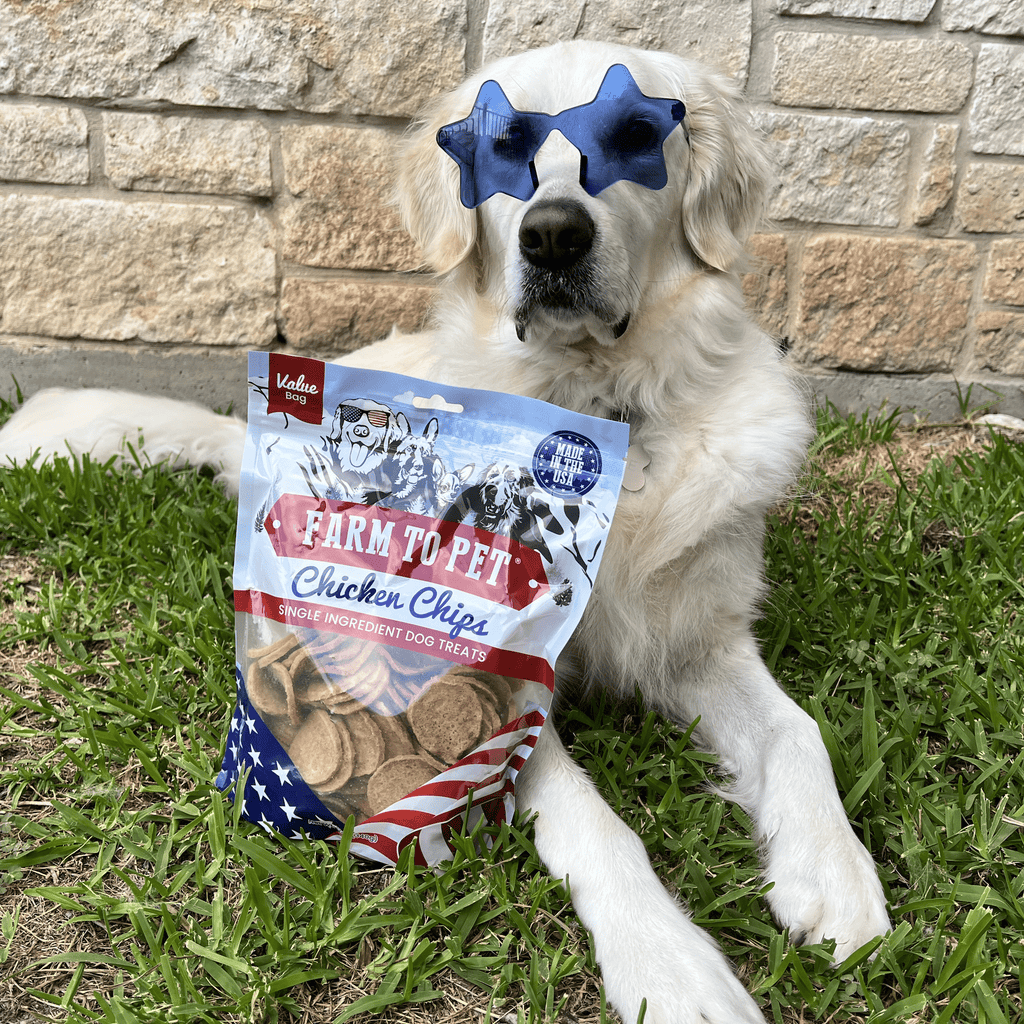 Bag of chicken chips dog treats with farm-to-pet branding, single ingredient