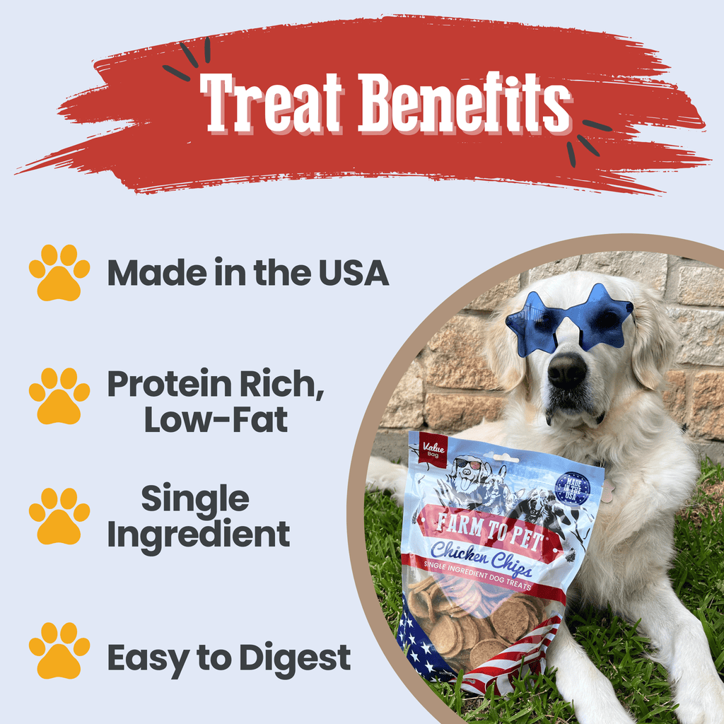 Dog treats benefits graphic featuring chicken chips bag and category icons
