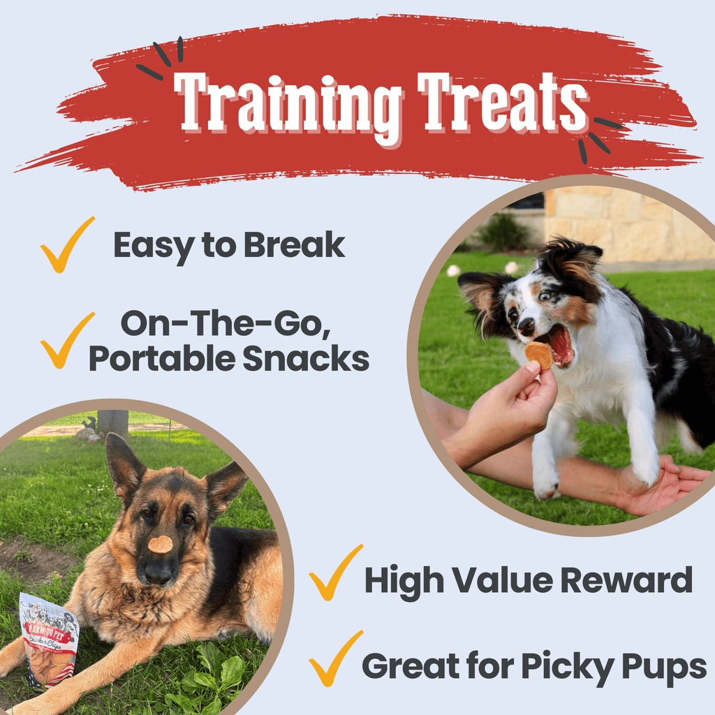 Training treats graphic featuring chicken chips bag and bite-size snack images