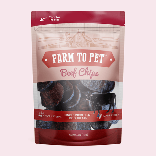 Beef chips for dogs bag, dark red and white with black beef chips pictured