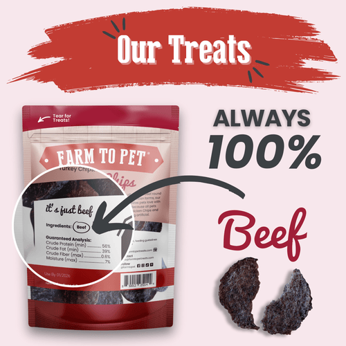 Beef chips for dogs bag with ingredient label and beef chips shown on the right