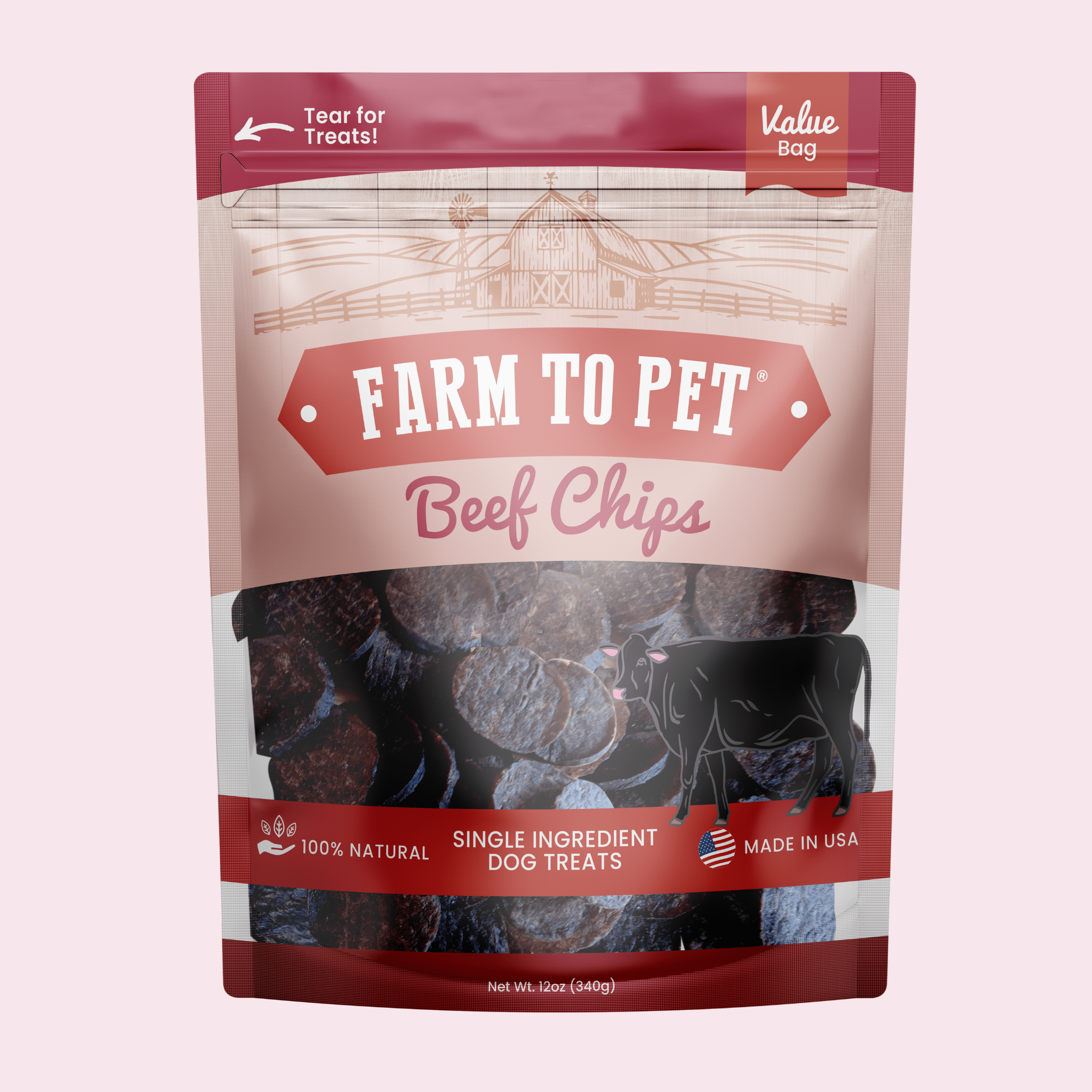 Value bag of beef chips for dogs, dark red pouch with pictured black chips