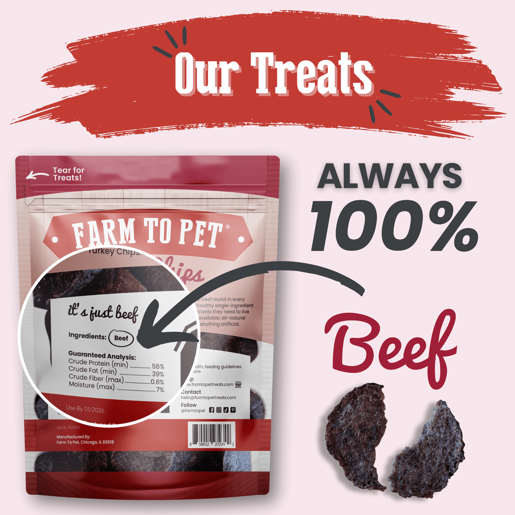 Beef chips for dogs bag with '100% beef' style badge and black chips shown