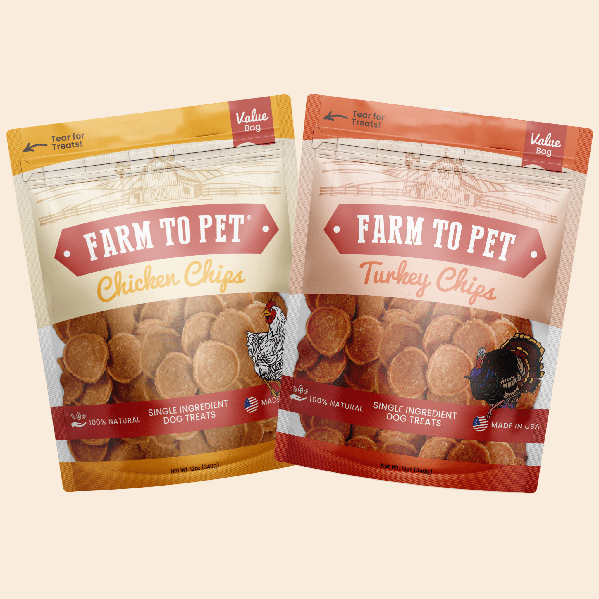 Two chip dog treat bags, Farm to Pet: chicken chips and turkey chips, resealable