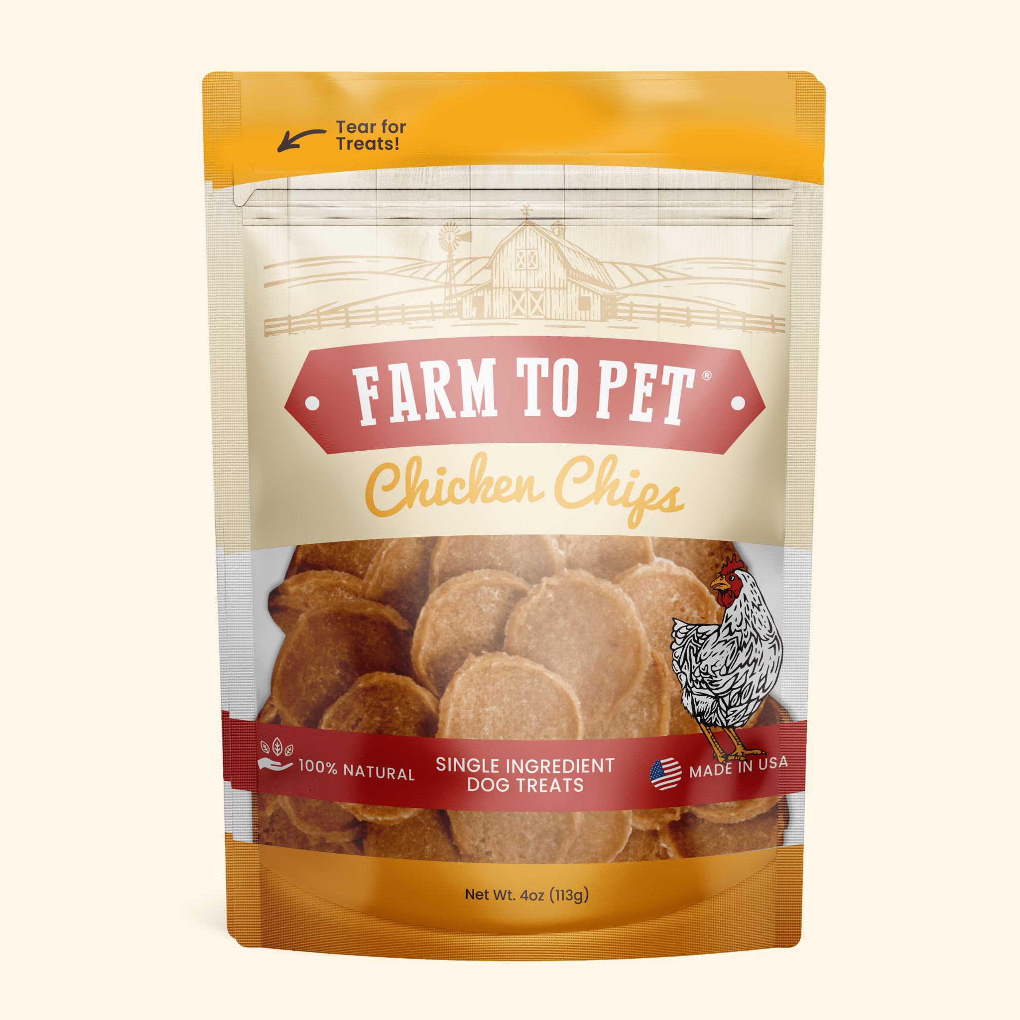 Chicken dog treat bag with sliced chicken chips inside, Farm to Pet style