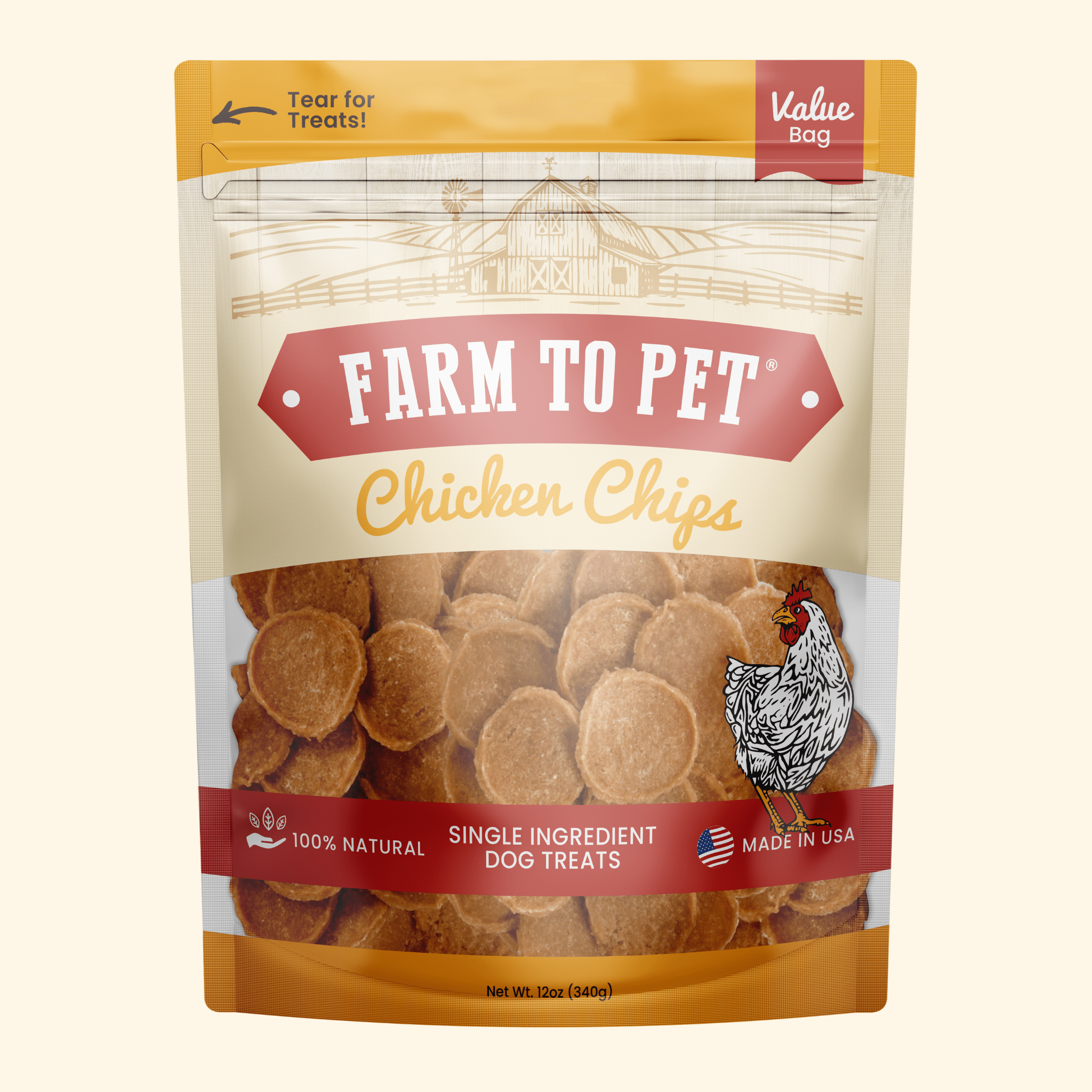 Farm to Pet chicken chips value bag with visible sliced treat pieces