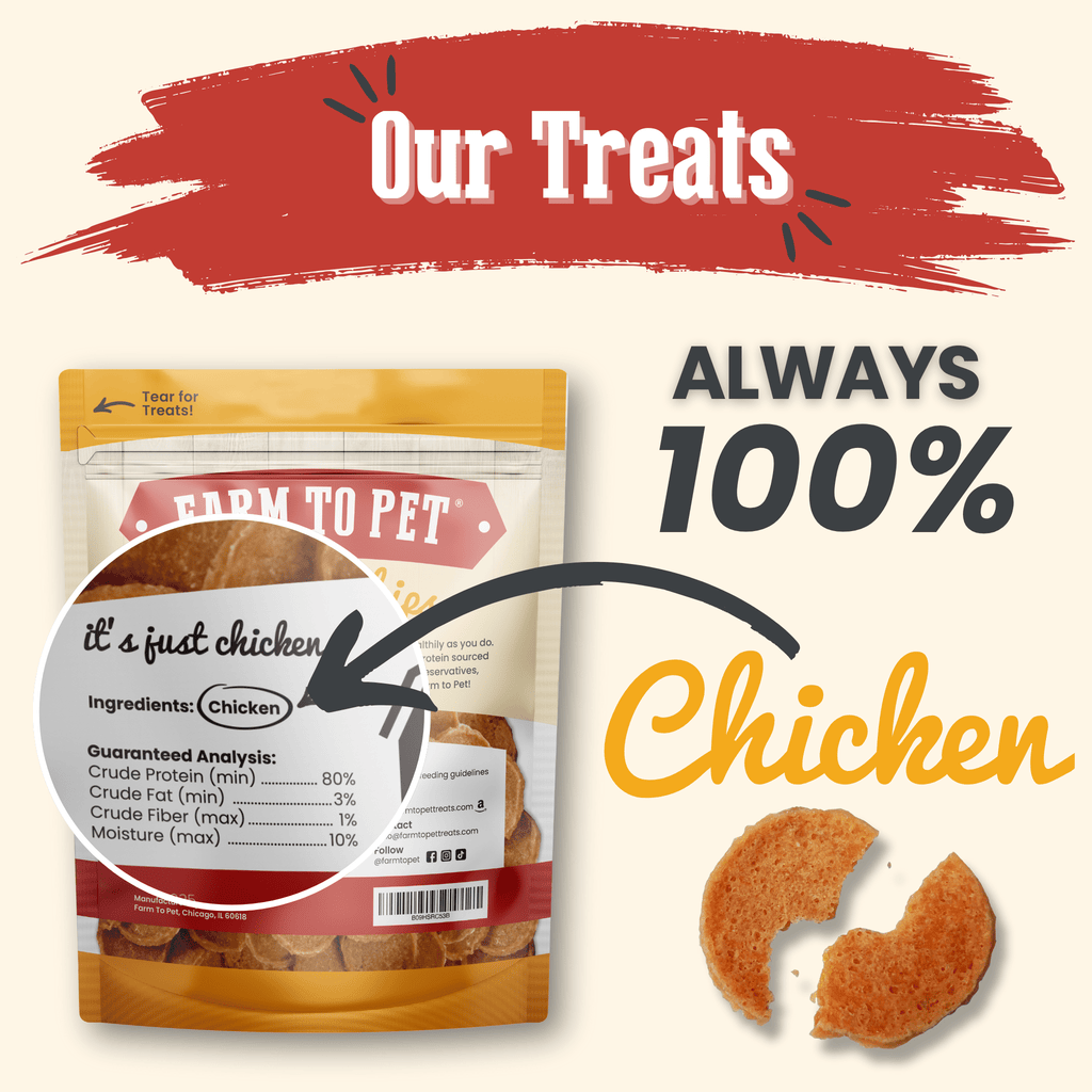 Farm to Pet chicken chips bag with 100% chicken graphic and dried chip pieces