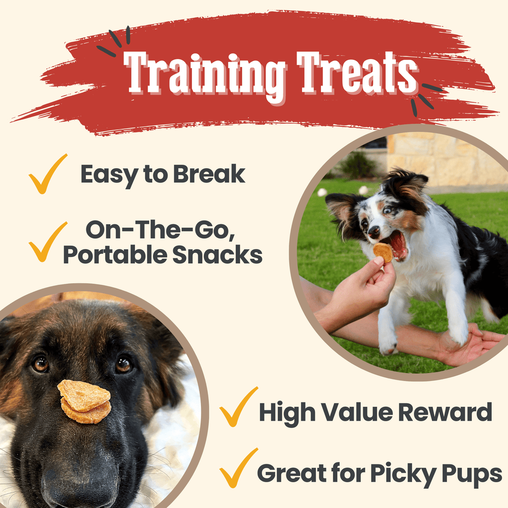 Dog training treats promotional graphic with dogs and small treat pieces.