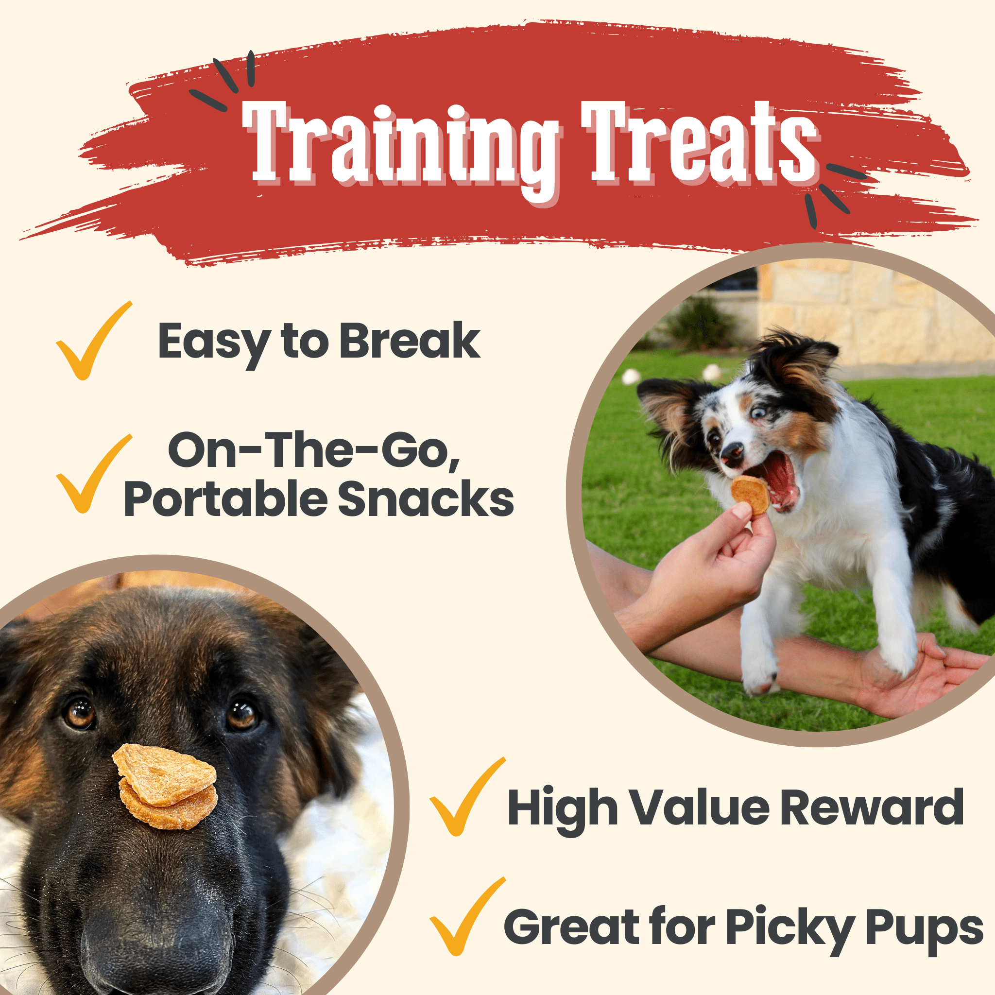 Dog training treats promotional graphic with dogs and small treat pieces.