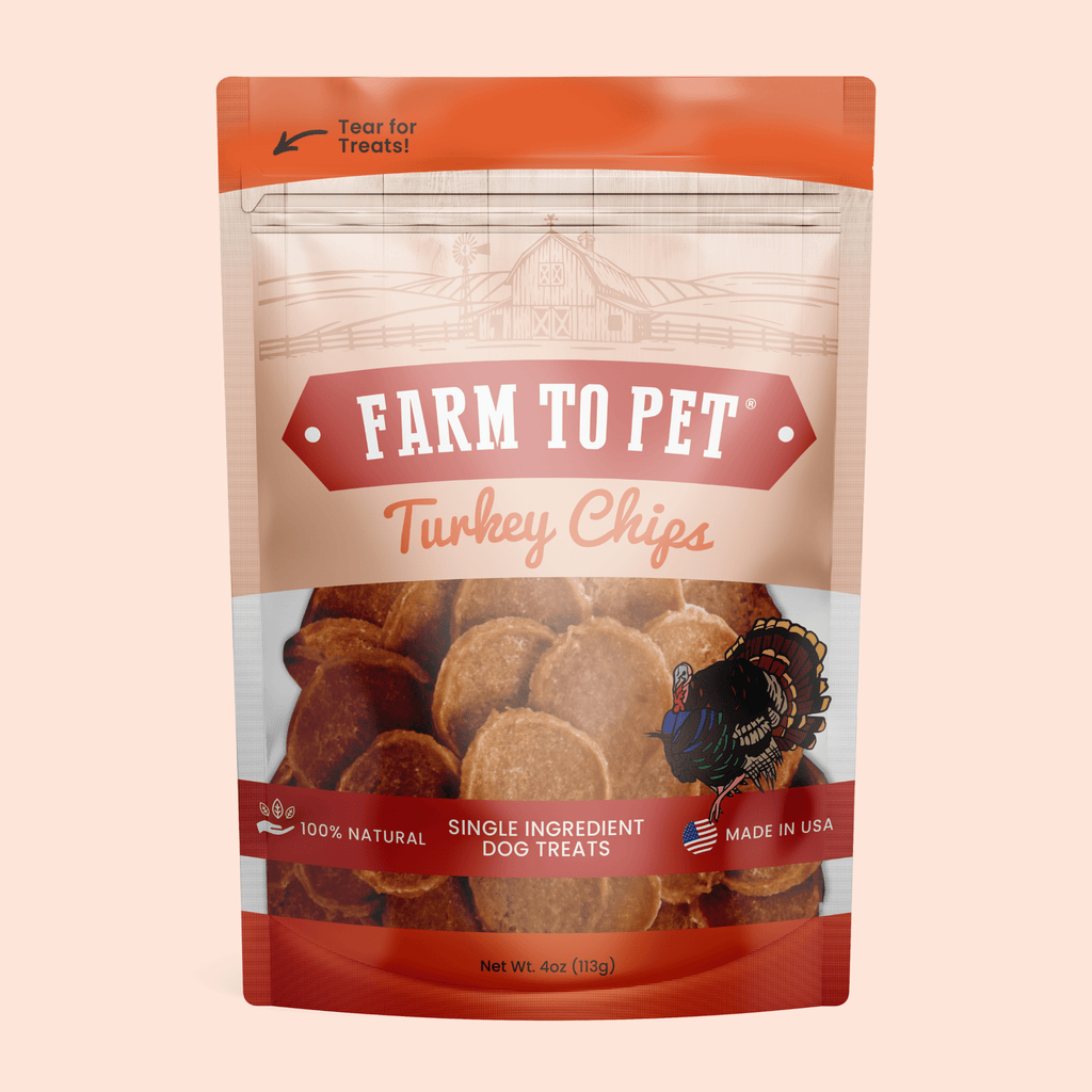Turkey chip dog treat bag, Farm to Pet Turkey Chips, front view with circular snack pieces